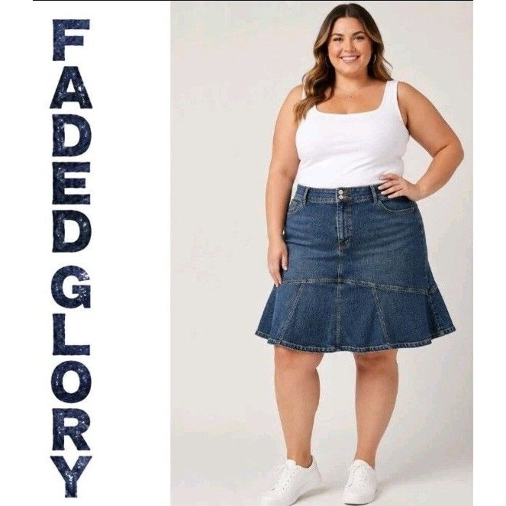Faded Glory Dark Blue Denim A-Line Flared Skirt